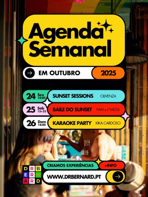 O som das ondas mistura-se com a música ao vivo — e o resultado? Fins de tarde que não dá vontade de ir embora. 🌞✨
Depois do almoço, a seguir ao surf, no jantar, ou naquele brinde que acaba em gargalhadas, o pôr do sol é sempre o ponto de encontro.

Das 18h às 21h, o céu faz o show, a comida surpreende e os cocktails fazem o resto.
E no sábado, começamos as 15h e esticamos até às 23h — porque ninguém quer que o dia acabe.

📅 Line-up da semana:
24 OUT / SEX 🪩 DJ Sunset Sessions — 18h > 21h — @rafaelolivenca 

25 OUT / SÁB 🌴 Baile do Sunset — 15h > 23h — @imdjpam x @messiontheblock

26 OUT / DOM 🪭 Karaoke Party — 18h — @kika_cardoso_official

Na areia, tudo sabe melhor — o riso, o som, o instante.
💛 Entrada livre. Boa vibe garantida.
